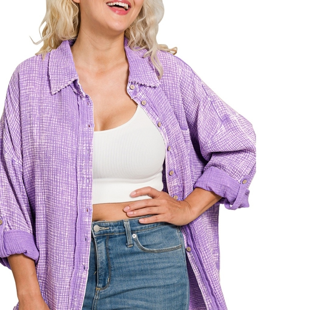 103 NWT Zenana Plus Washed Double Gauze Button Lavender Textured Top 1X 2X 3X - Picture 5 of 10